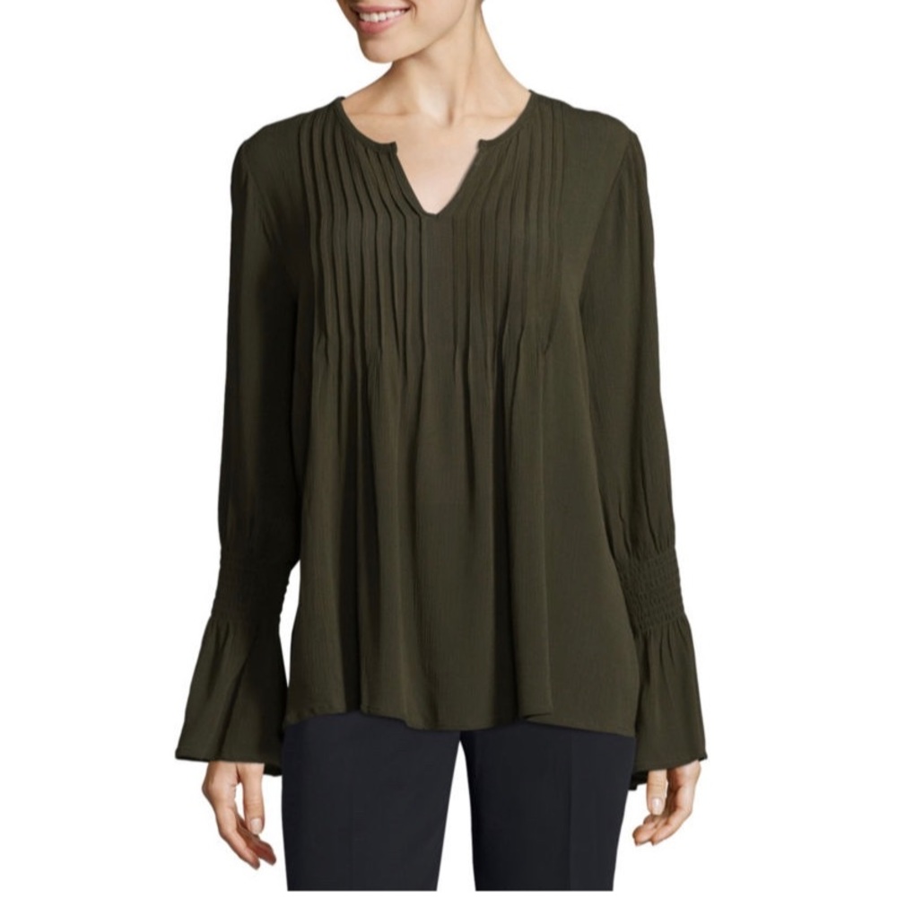 NWT By Artisan Smocked Bell Sleeve Pleated Blouse